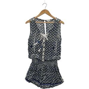 Poupette St Barth Lucy Romper Womens Small Blue Floral Lace Up Boho Revolve